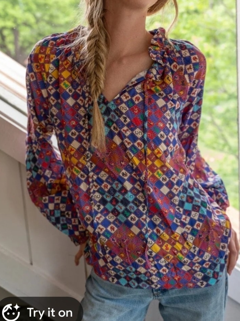 Briton Court Small NWT PTP 21 Fit Med Horse Diamond-Print Ruffle Neck Blouse - Picture 1 of 6